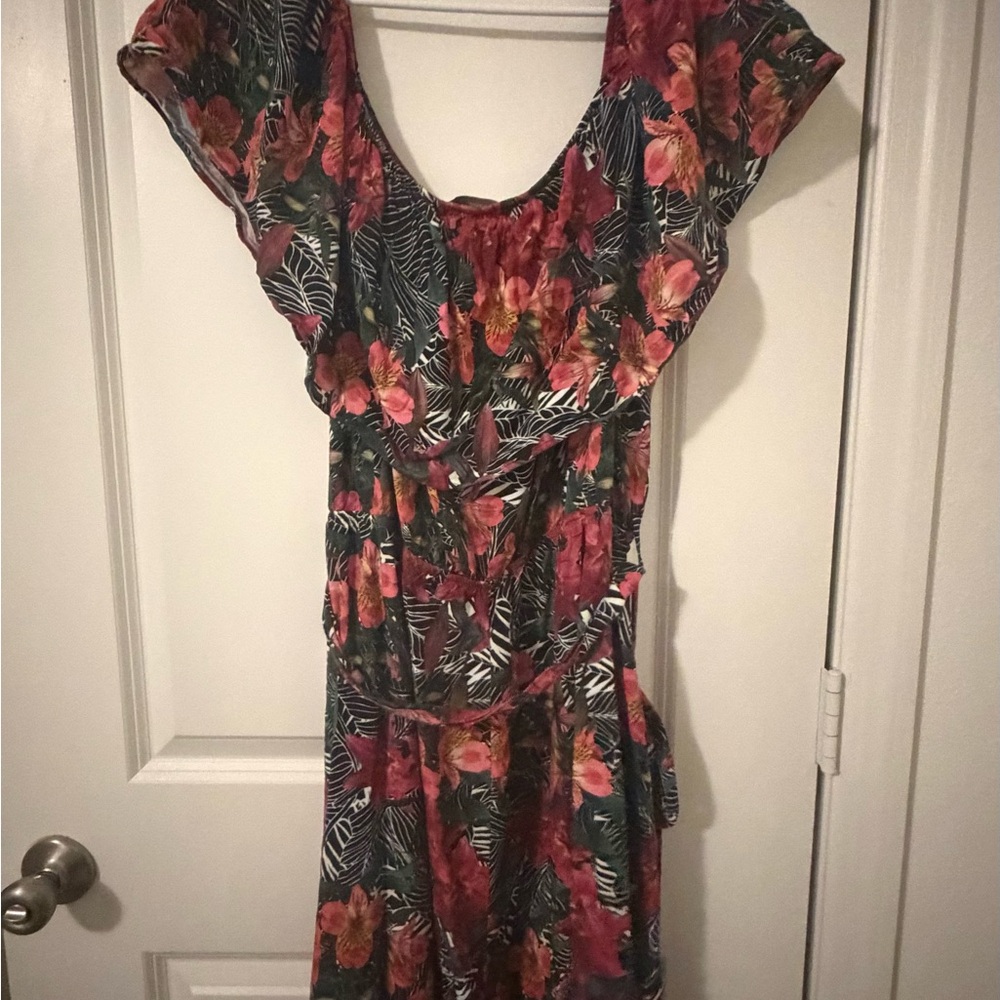 Tropical Floral Midi Dress in Dark Green and Coral